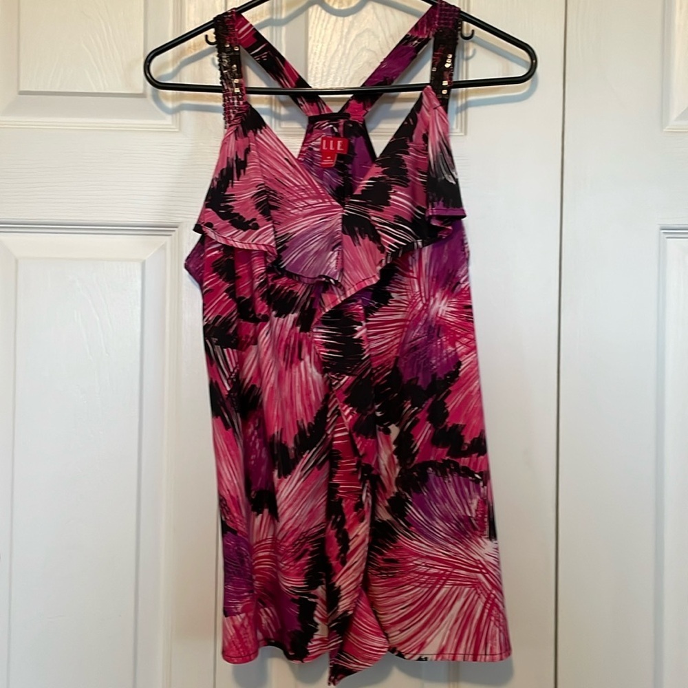 Women’s Elle M tank top Vibrant mostly pink with black sequins fluttered bodice